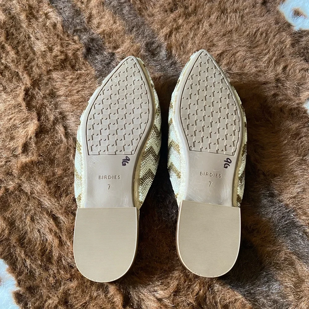 Birdies The Swan Gold White Champagne Chevron Holiday Almond Toe Mules size 7 - Picture 10 of 10